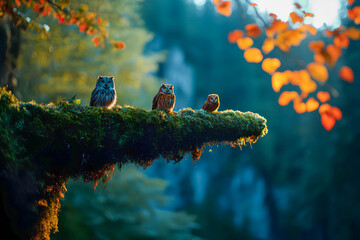 Three owls perched on a moss-covered ledge, observing the tranquil forest surroundings during the golden hour in autumn