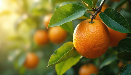 Close-up of fresh orange fruit with green leaves on tree branch. Organic, healthy produce, bright, appetizing citrus detail. Natural, vibrant food photography for autumn or spring harvest themes.