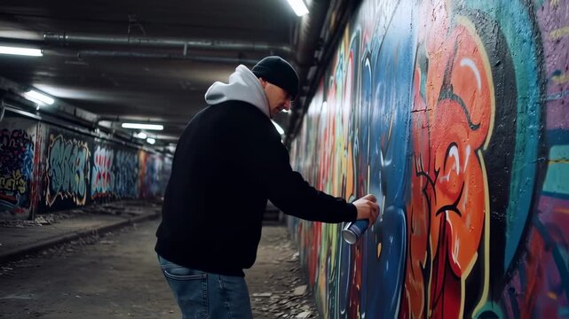 Urban Canvas: Artist Spray Painting Graffiti in a Tunnel, Expressing Creativity, Vibrant Colors,
