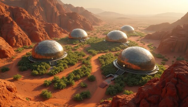 Martian colony domes nestled in rocky terrain under hazy sky. Futuristic settlement with geodesic habitats surrounded by sparse green vegetation. Red planet landscape suggests future human - Powered by Adobe