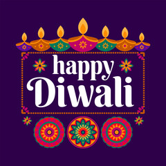 Happy Diwali typography, colorful letters with flowers, joyful holiday message, bright decorative accents, modern festival artwork, vector graphic