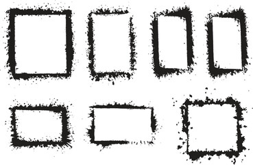 black spray frames for Creative design solated on white background. Urban street graffiti style. Airbrush paint splatter borders, grunge street art with splash effect and drops. Vector