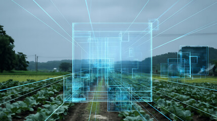 Digital overlay of agricultural field with futuristic grid and data visualization elements