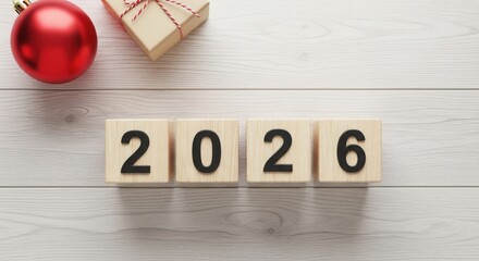 Elegant 2026 new year arrangement with wooden blocks, gift box, and red bauble isolated on white background