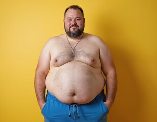 Naklejka premium Overweight man with beard, shirtless, wears blue shorts, poses against yellow background. Represents body positivity, health, fitness, and diet topics. Confident adult male figure.