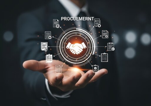 Businessman holding a holographic projection of a procurement process with handshake icon and document symbols, symbolizing partnership and agreement