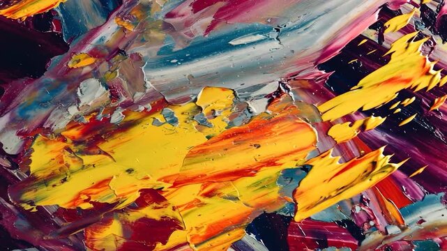Vibrant impasto abstract canvas; yellow, red, purple; website background