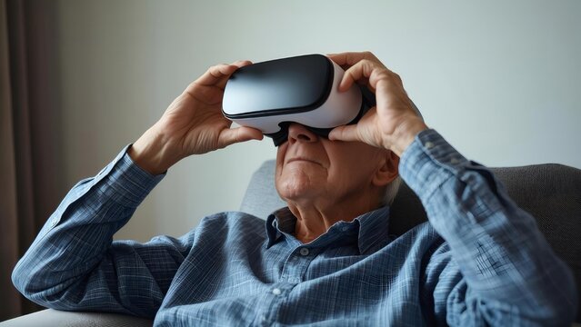 Senior man using virtual reality headset sitting on sofa at home