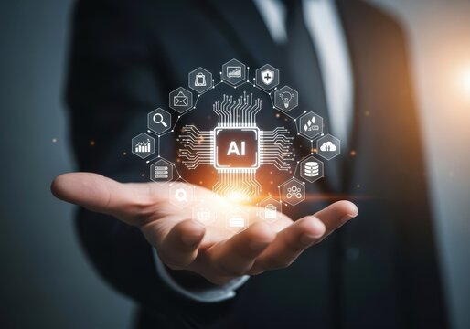 A persons open palm holding a glowing circuit board with the text ai at its center, surrounded by a circle of interconnected icons representing various technological and business applications
