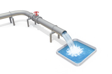 水道管から勢いよく溢れる水、エネルギー、エコ、クリーンな未来へ。サスティナブルな社会を構築する、環境とエネルギー問題への取り組みを象徴するイメージ。水資源の有効活用や水の循環を表現し、環境保護や持続可能性をテーマにしたプロジェクト、広告、ウェブサイトなどに最適なイラスト素材です。