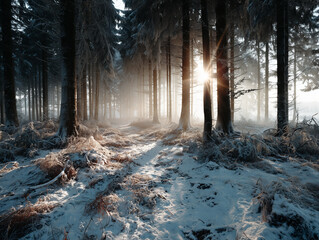 Sun shining through snowy forest on winter solstice