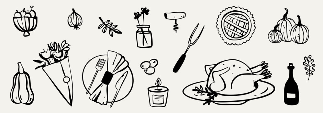 Hand drawn happy thanksgiving day dinner whimsical elements in doodle style. Baked turkey, apple pie, autumn cozy leaves, ideal for menu, party, invitation design.