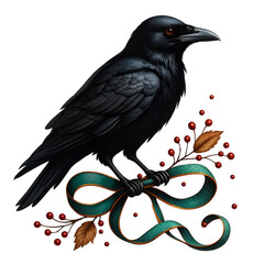 Fototapeta premium Spooky raven on ribbon bow with berries and autumn leaves dark gothic halloween harvest celebration isolated 
