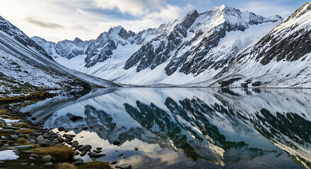 Majestic snow-capped mountains reflecting on a crystal-clear alpine lake