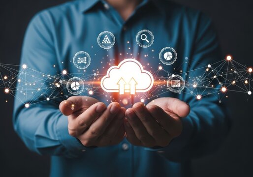 Businessman holding a cloud with digital icons and network connections, representing cloud computing and data transfer