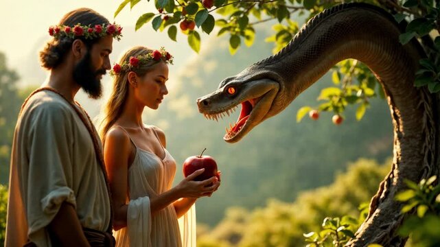 Biblical Adam and Eve with serpent offering forbidden apple in Garden of Eden. Snake tempting woman with red fruit. Religious mythology scene with flower crowns and natural paradise setting.