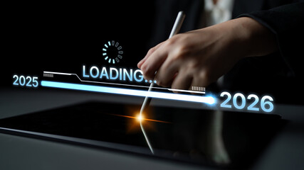 Visualizing the shift from 2025 to 2026. Progress bar symbolizing advancement, strategic foresight,...