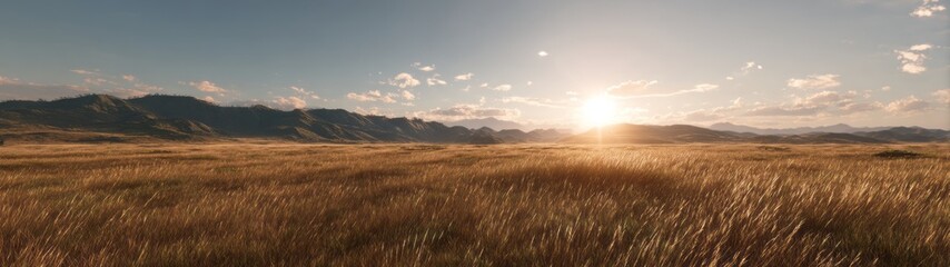 Obraz premium Golden hour hdri panorama of exported open grassland landscape in nature's tranquil environment