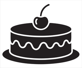 Cake slice with cherry black silhouette vector illustration isolated on white background