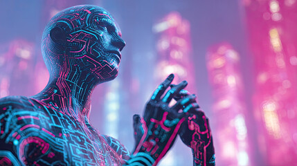 Artificial Intelligence Humanoid &ndash; Neon Cyberpunk Digital Art