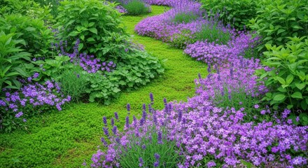 Naklejka premium Scenic garden with vibrant purple flowers and green foliage