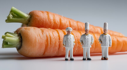 Tiny miniature chefs  positioned around fresh organic carrot creating whimsical food concept.