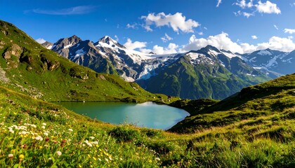 Scenic view lush meadows meet snow-capped mountains, with a turquoise lake below