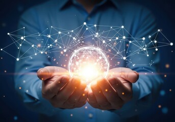 A person in a blue shirt holds a luminous, interconnected network of light and energy in their open palms, symbolizing global connectivity and the power of ideas