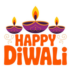 Happy Diwali lettering, graceful calligraphy with flame, white on black, classic holiday branding, elegant celebration logo, vector illustration