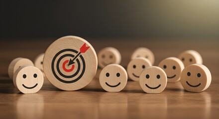 Customer Satisfaction Target Concept with Happy Faces and Goal Achievement Symbol