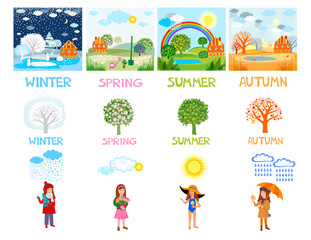 Fototapeta premium Four Seasons Banners with Trees and houses. Winter, spring, summer, autumn colour nature. Set. Landscape. Сards. Natural landscape at different times of year. Beautiful non-urban scenes. Vector 