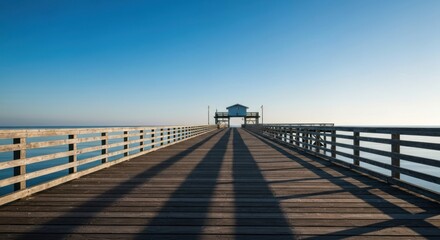 Obraz premium Wooden pier extending into a tranquil ocean, long shadows stretching across the deck
