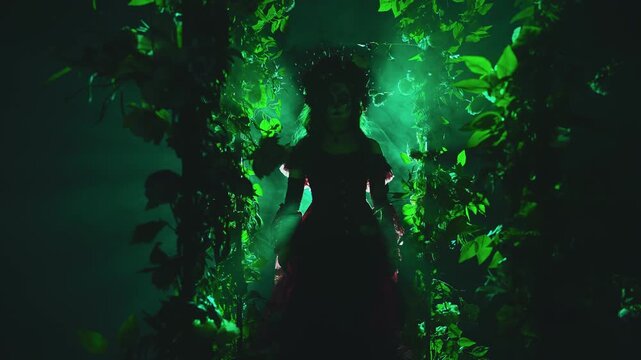 silhouette fantasy woman dark queen in crown walking in black night garden full fog portal arch flowers, art neon green magic light. Gothic Girl goddess of nature sexy long lush dress in forest smoke.