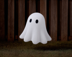 Eerie halloween night horror and child-safe spookinessEerie white ghost floats night near wooden fence creating child safe halloween spookiness