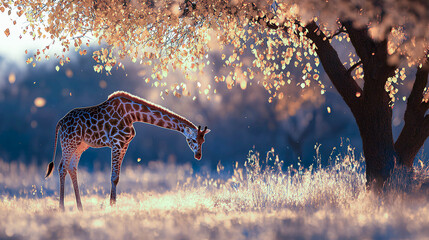 Giraffe grazing peacefully under a tree with golden leaves in a serene landscape during sunset