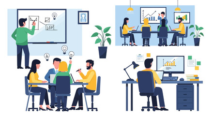 Fototapeta premium Illustrations depicting various business activities including presentations, team meetings, brainstorming sessions, and individual office work.