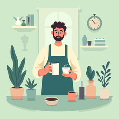 Man with joyful expression holding coffee mugs in cozy kitchen background with plants