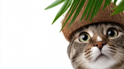 Cute tabby cat with coconut hat under palm leaves with white background