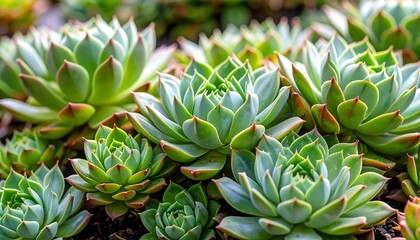 Obraz premium Lush Green Echeveria Succulents Close-Up: Detailed view of multiple rosette succulents with vibrant green and reddish hues.