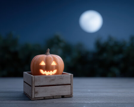 Eerie halloween night horror and child-safe spookinessGlowing jack o lantern wooden crate eerie full moon night with spookiness and child safe