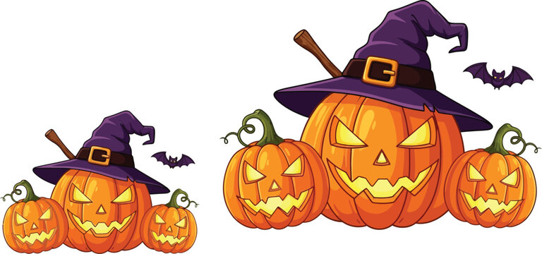 Spooky jack-o'-lanterns with witch hats and bats for Halloween fun