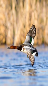 A duck in flight over water