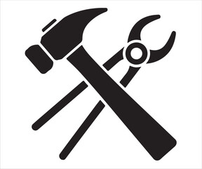 Black silhouette of hammer and pliers crossed isolated on white background, simple vector illustration for construction, repair, handyman tools, carpentry, maintenance, workshop, and industrial design