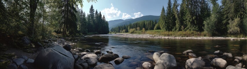 Fototapeta premium Serene river bend surrounded by lush trees nature panorama hdr peaceful landscape viewpoint