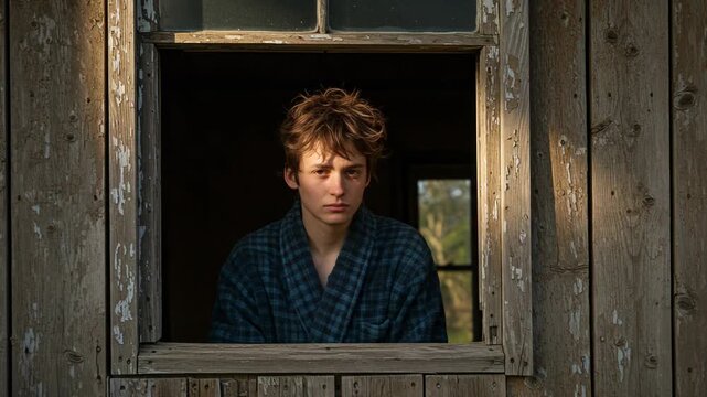 Thoughtful young man in blue robe looks out of a rustic window frame