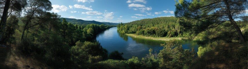Obraz premium Breathtaking river bend surrounded by lush trees hd panorama view natural environment hdri concept