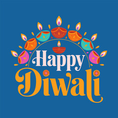 Happy Diwali ornate lettering, colorful diya arch, teal background, festive spark elements, elegant celebration banner, traditional festival vector