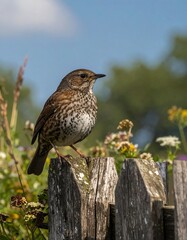 A small bird perched on a weathered wooden fence