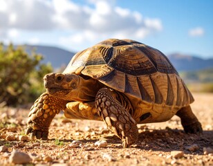 Fototapeta premium Tortoise in sunlit, arid landscape