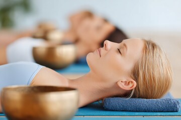 Women lying on yoga mats with singing bowls, enjoying a serene atmosphere, promoting relaxation and mindfulness in a tranquil setting with soft lighting and calming colors